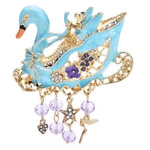 Vintage Blue Swan Gold Enamel Crystals & Charms Brooch